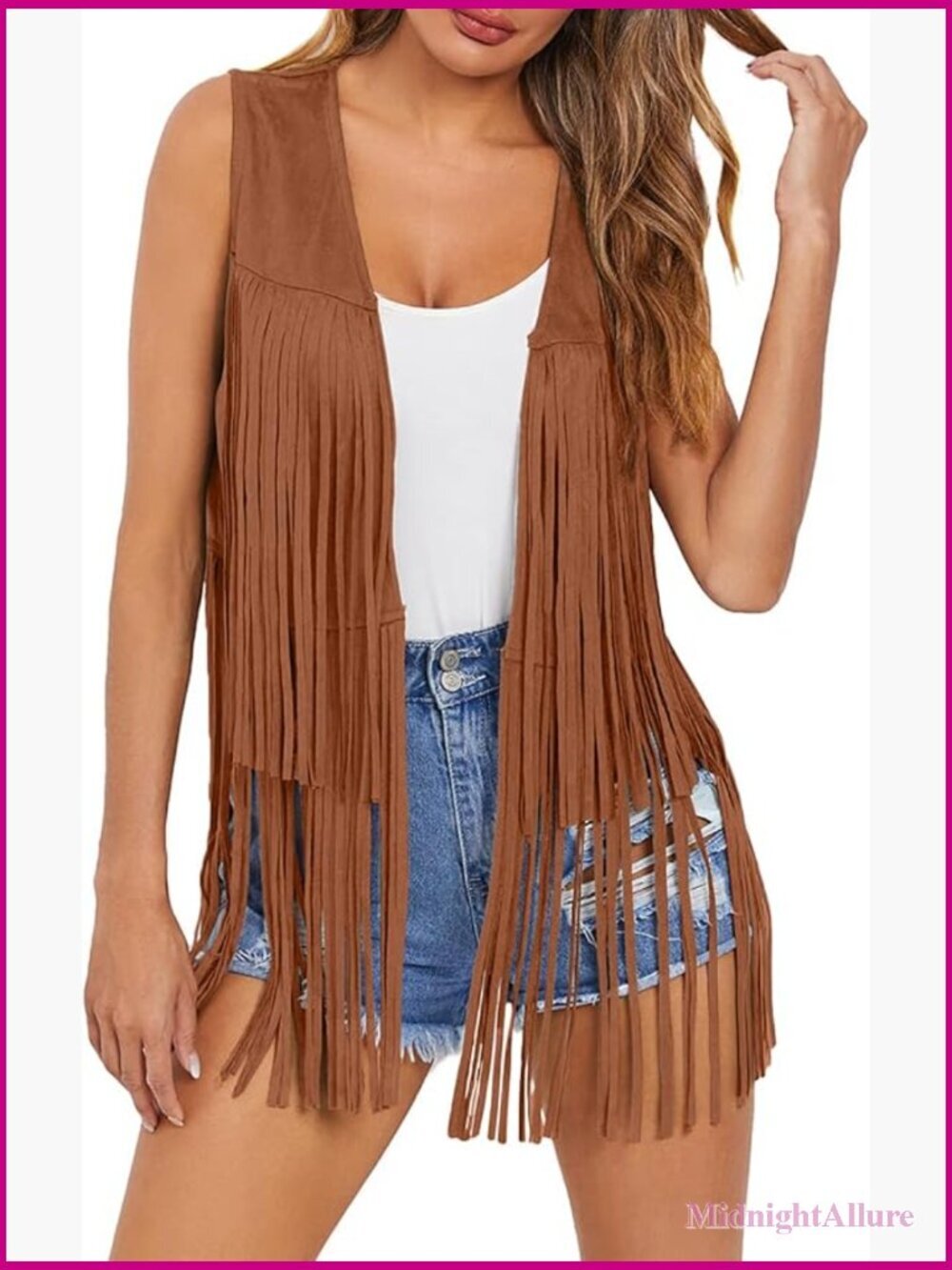 Vintage Faux Suede Fringe Vest Sleeveless Tassel Western Cowgirl Outerwear 70s